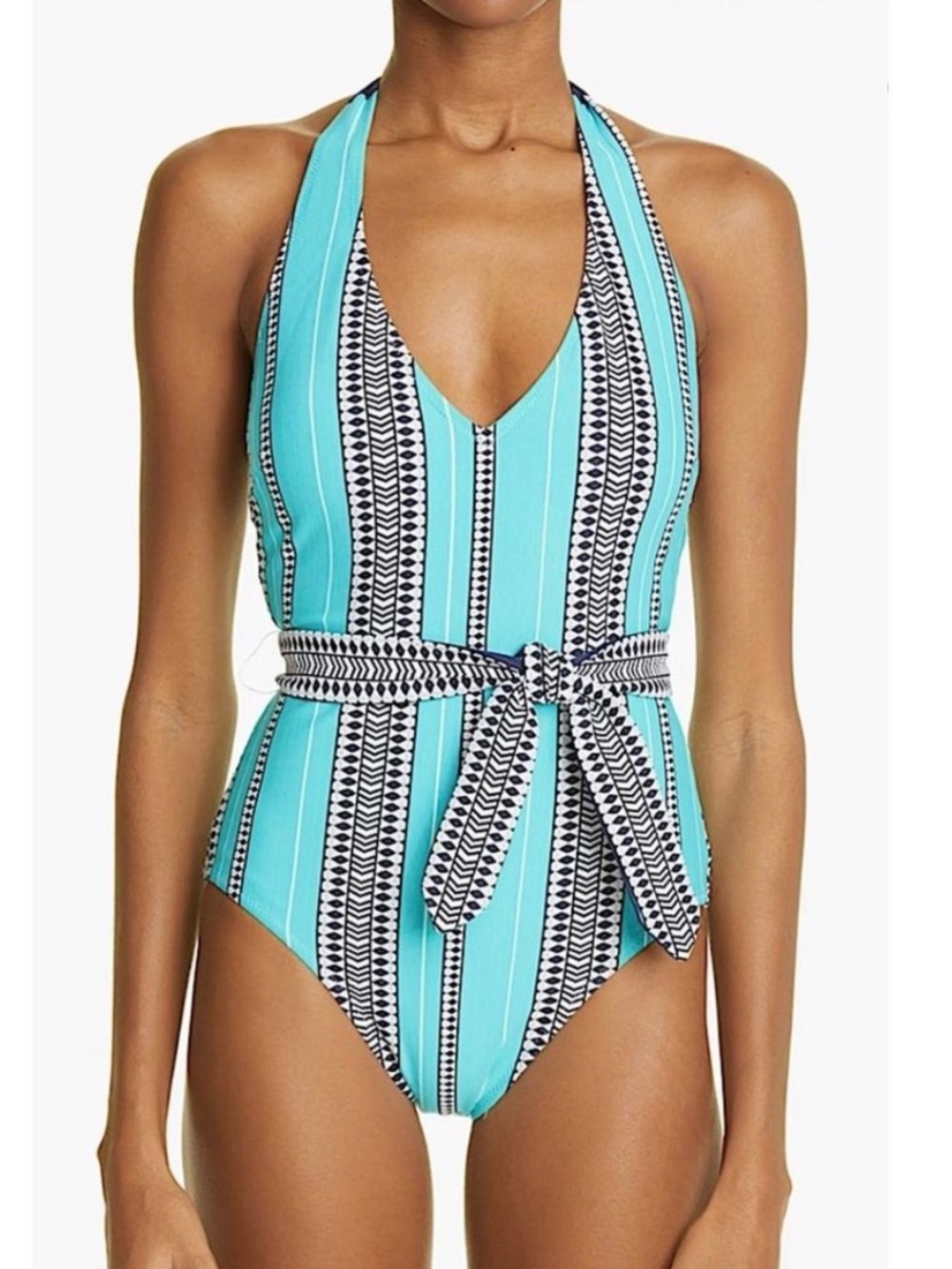 🌻NEW w/tag Lemlem Luchia 1-Piece Turquoise Tribal Stripe Belted Swimsuit sz XL